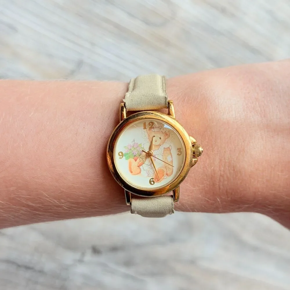 Vintage Teddy Bear Coquette Wrist Watch Gold Tone Cream Strap Soft Girl Working